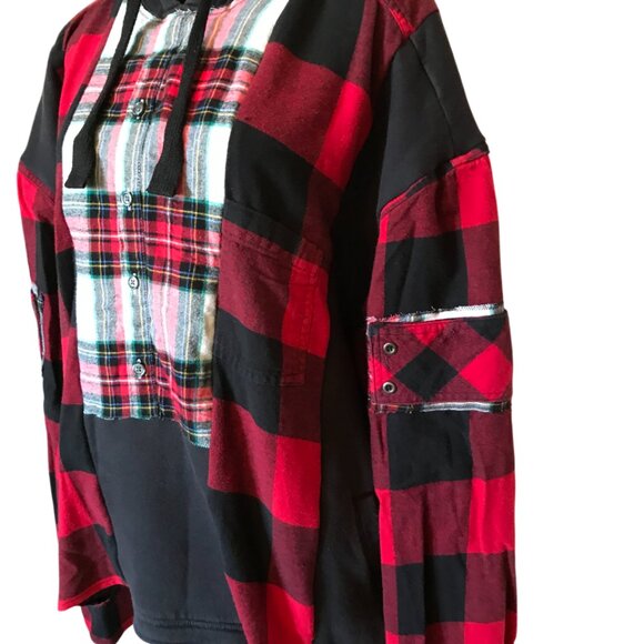 Upcycled Patchwork Hoodie XL/1X: Boho Grunge Black & Red Flannel Sweatshirt - Picture 9 of 10